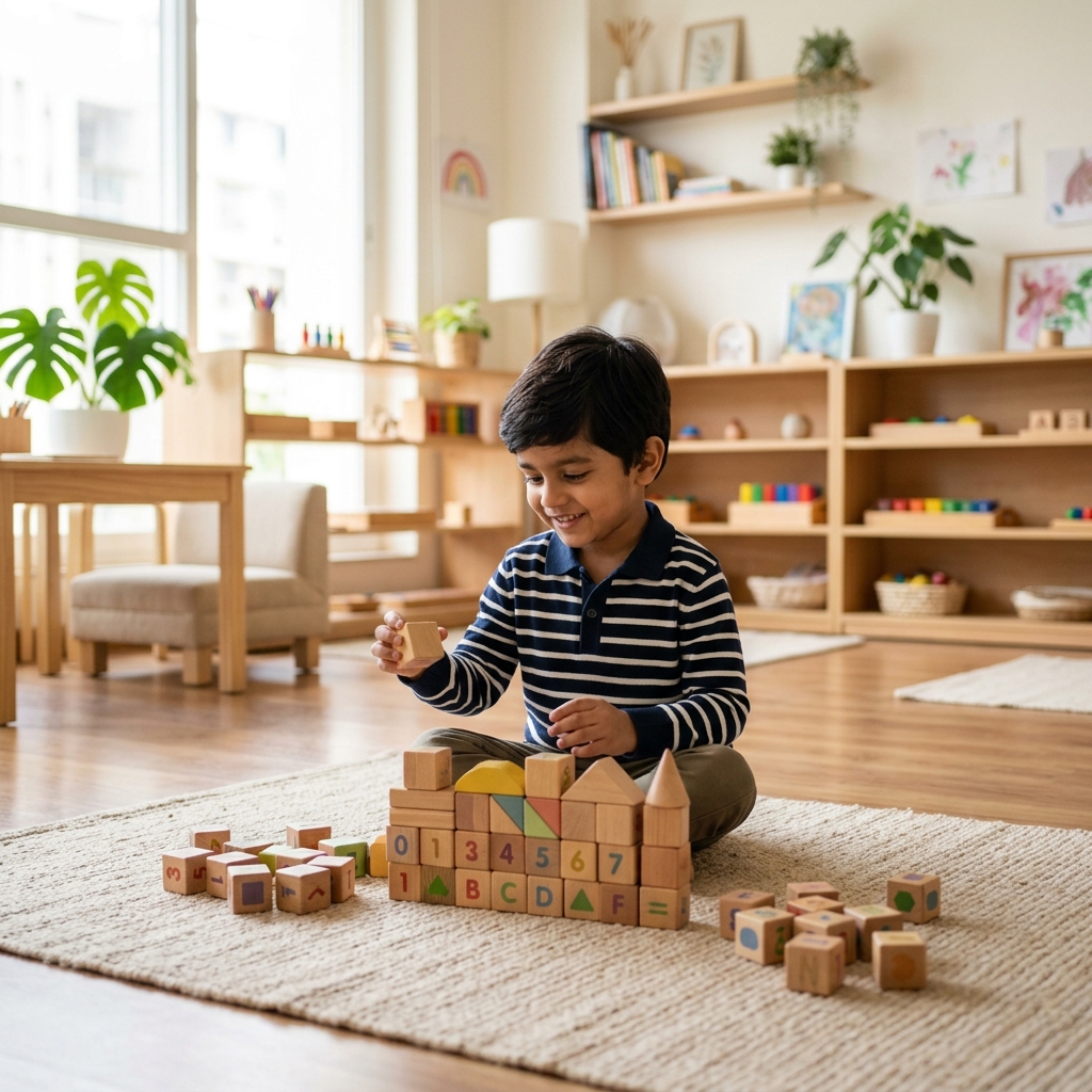 Child playing with wooden blocks