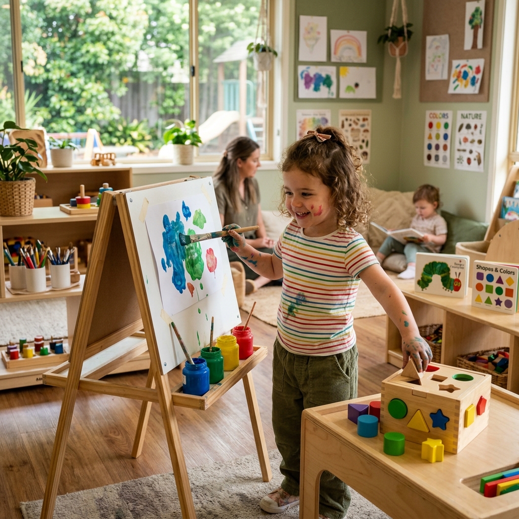 Child happily painting on a small easel